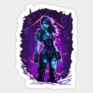 Cyberpunk Girl On Purple Neon Background Sticker